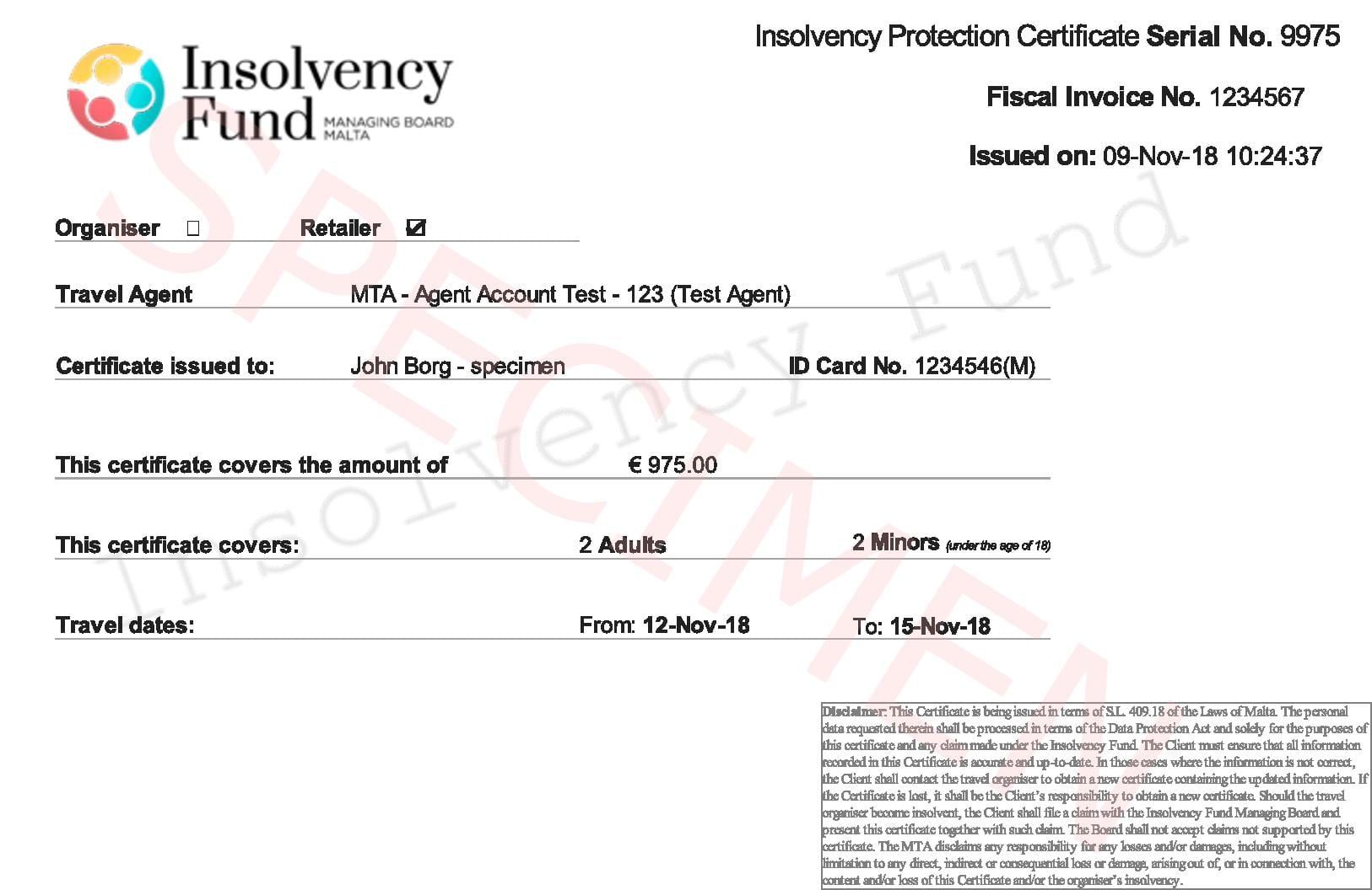 Example of an Insolvency Fund certificate